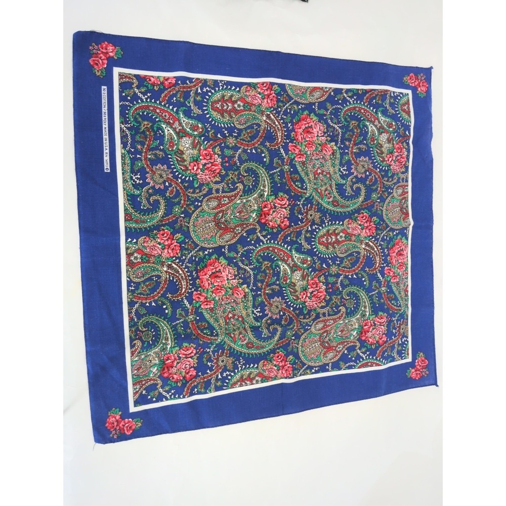 Vtg Bandana Blue Multicolor Paisley RN14193 21 x 22 in Cotton Poly Made in USA